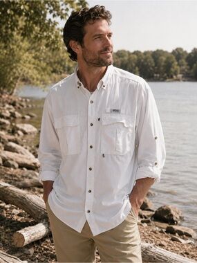 Series Guide White Vented Fishing Shirt Nylon Long Sleeve XXL Outdoor EUC
